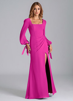 Azazie Mero Vestidos de damas de honor Vestido de Fucsia de Gasa de Corte Sirena con Manga larga image6