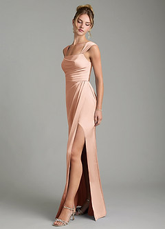 Azazie Filippa Robes de demoiselle d'honneur Robe Trapèze en Satin extensible Plissée Or Rose image4