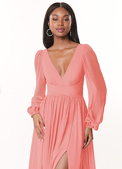 Azazie Norah Bridesmaid Dresses Coral A-Line V-Neck Long Sleeve Chiffon Dress image5