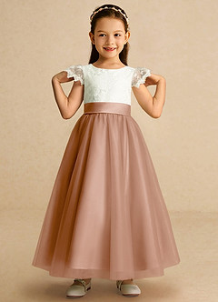 Azazie Pookie Flower Girl Dresses Champagne Rose A-Line Lace Tulle Dress image3