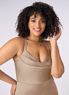 Barbie ♥ Azazie Bridesmaid Dresses Taupe Mermaid Pleated Stretch Satin Dress image10