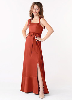 Azazie Barbara Junior Rust A-Line Bow Stretch Satin Dress image1
