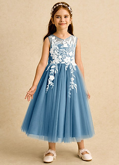 Azazie Sundae Abiti da Ragazza di Fiori Abito Principessa in Pizzo Blu Acciaio image5