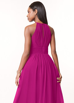 Azazie Bonnie Vestidos de damas de honor Vestido de Fucsia de Gasa de Corte En A con Cuello de pico fruncido image4