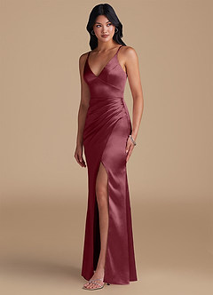 Azazie Shania Vestidos de damas de honor Vestido de Rosa Del Desierto de Satén Metálico de Corte Recto con Plisado image6