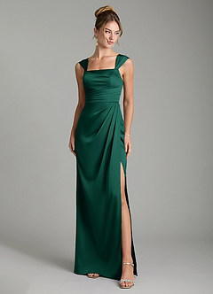 Azazie Filippa Bridesmaid Dresses Emerald A-Line Pleated Stretch Satin Dress image1