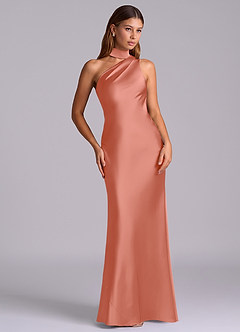 Azazie Seona Vestidos de madrinha de casamento Vestido Rosa Salmão de Cetim elástico de sereia com Ombro Único image7