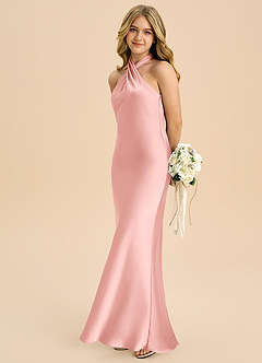 Azazie Chickie Junior Powder Pink Sheath Pleated Stretch Satin Dress image1