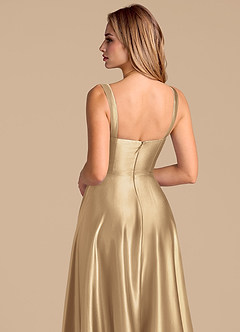 Azazie Shaude 신부 들러리 드레스 A라인 주름진 메탈릭 새틴 바닥 길이 드레스 image7