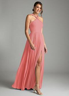 Azazie Afra Abiti da Damigella Abito A-Line in Chiffon Plissettato Corallo image3