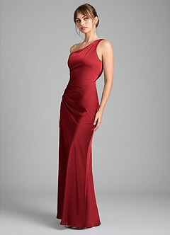 Azazie Madelyn Robes de demoiselle d'honneur Robe Sirène Convertible en Satin extensible Une épaule Écarlate image6