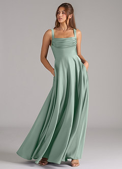 Azazie Shaude Bridesmaid Dresses Agave A-Line Pleated Stretch Satin Dress image4
