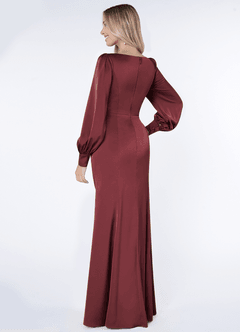 Azazie Raye Vestidos de damas de honor Vestido de Merlot de Satén Elástico de Corte Sirena con Manga larga image4