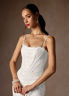 Azazie Starla Wedding Dresses Diamond White Sheath Strapless Lace Dress image4
