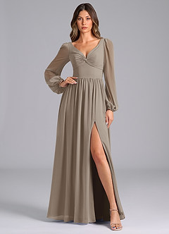 Azazie Zeya Bridesmaid Dresses Taupe A-Line Long Sleeve Chiffon Dress image1