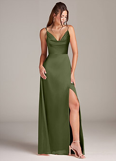 Azazie Sarella Bridesmaid Dresses Olive A-Line with Pockets Metallic Satin Dress image3