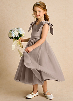 Azazie Serene Abiti da Ragazza di Fiori Abito Principessa in Raso Opaco Fiocco Taupe image2