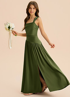 Azazie Dotty Junior A-Linie Plissee Stretch-Satin Kleid Olivgrün image5