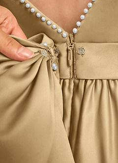 Azazie Dumpling Flower Girl Dresses Gold A-Line Bow Matte Satin Dress image7