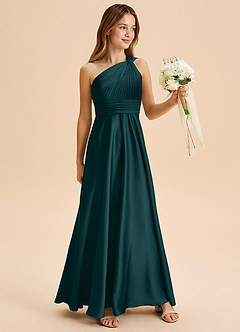 Azazie Charlize Junior Pine A-Line Pleated Stretch Satin Dress image3