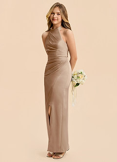 Azazie Jemma Junior Taupe Sheath Ruched Stretch Satin Dress image5