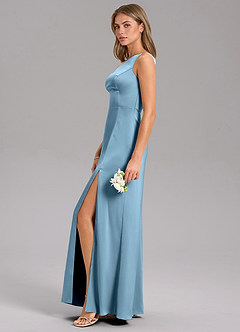 Azazie Feby Bridesmaid Dresses Steel Blue A-Line One Shoulder Stretch Satin Dress image5