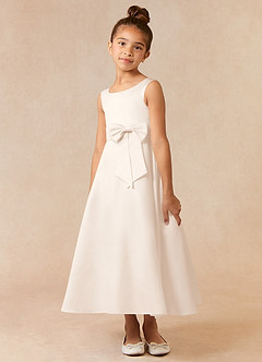 Azazie Lindy vestidos de niña de las flores Vestido de Alabastro Blanco de Satin Mate de Corte En A con Plisado image3