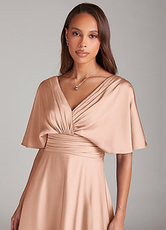 Azazie Pamela Bridesmaid Dresses Rose Gold A-Line Pleated Stretch Satin Dress image5
