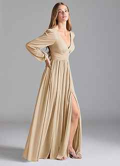Azazie Norah Bridesmaid Dresses Champagne A-Line Mesh Dress image5