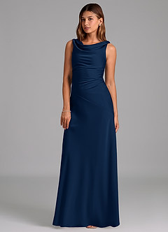 Azazie Nerine Bridesmaid Dresses Dark Navy A-Line Pleated Stretch Satin Dress image1
