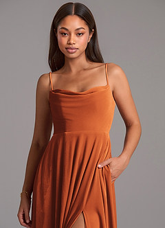Azazie Elle Bridesmaid Dresses Burnt Orange A-Line with Pockets Velvet Dress image2