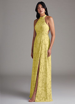 Azazie Clarice Jurken voor bruidsmeisjes Jurk van Bloemen Burn-out met A-Lijn Zijsplit Kanarie image3