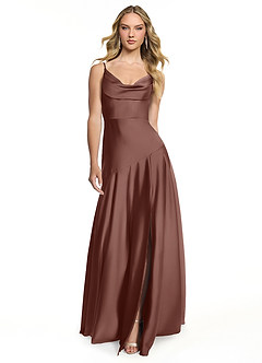 Azazie Kayla Bridesmaid Dresses Espresso Sheath Side Slit Stretch Satin Dress image1
