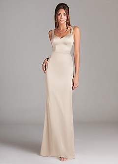 Azazie Denice Vestidos de damas de honor Vestido de Alabastro Blanco de Satén Elástico de Corte Recto con Plisado image3