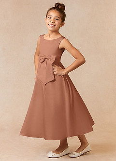 Azazie Lindy Flower Girl Dresses Bronzer A-Line Pleated Matte Satin Dress image1