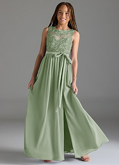 Azazie Elly Junior Abito A-Line in Chiffon Pizzo Verde Salvia image1