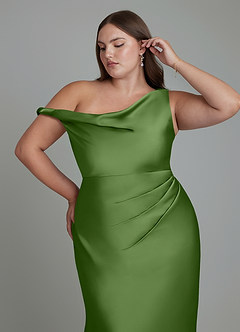Azazie Emerson Bridesmaid Dresses Basil Mermaid Off the Shoulder Stretch Satin Dress image12