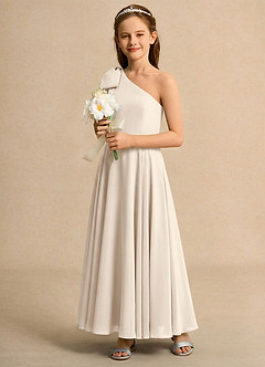 Azazie Guppy Girls Formal Abiti da Ragazza di Fiori Abito A-Line in Chiffon Monospalla Alabastro Bianco image6