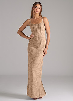 Azazie Kenna Bridesmaid Dresses Champagne Sheath Side Slit Floral Burnout Dress image1