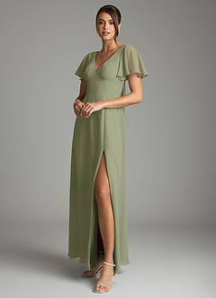 Azazie Kimber Vestidos de damas de honor Vestido de Pistacho de Gasa de Corte en A con Manga volante image5