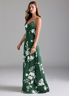 Azazie Mei Bridesmaid Dresses Green Botanicals A-Line V-Neck Stretch Satin Dress image5