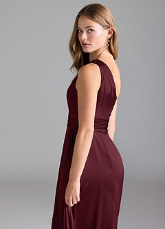Azazie Dallas Vestidos de damas de honor Vestido de Cabernet de Satén Elástico de Corte en A con Hombro unilateral image7