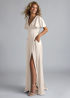 Azazie Kimber Bridesmaid Dresses White Alabaster A-Line Ruched Stretch Satin Dress image6