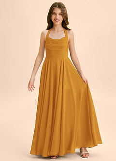 Azazie Kady Junior Vestido Caramelo de Chiffon de Linha A com Decote em coração image3