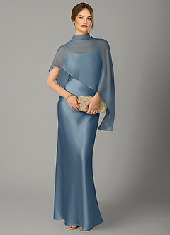 Azazie Jaleesa Vestidos de damas de honor Vestido Azul Polvoriento de Satén Elástico de Corte Recto con Cuello alto image15