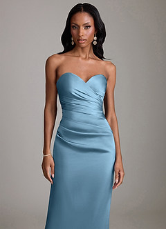 Azazie Sonora Vestidos de damas de honor Vestido de Azul Acero de Satén Elástico de Corte Recto con Sin tirantes image5