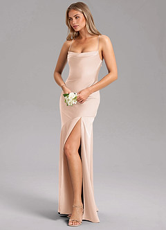 Azazie Grata Bridesmaid Dresses Blushing Pink Sheath Side Slit Stretch Satin Dress image4