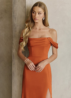 Azazie Saige Bridesmaid Dresses Cinnamon Sheath Off the Shoulder Stretch Satin Dress image2