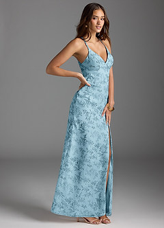 Azazie Becca Bridesmaid Dresses Blue Fern Floral Sheath V-Neck Chiffon Dress image4