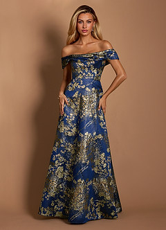 Azazie Marceline Mother of the Bride Dresses Navy Floral A-Line Off the Shoulder Jacquard Dress image2